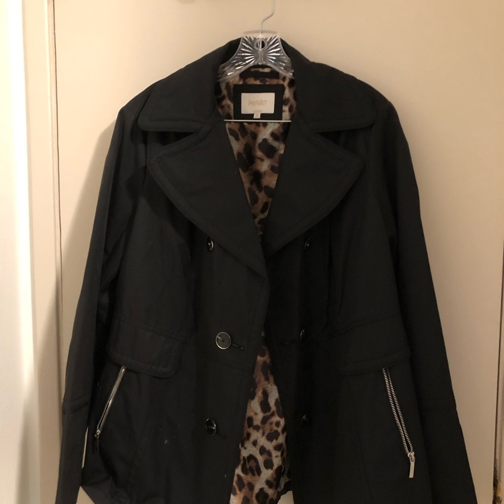 Laundry By Shelli Segal Black Trench Coat with Leopard Lining
